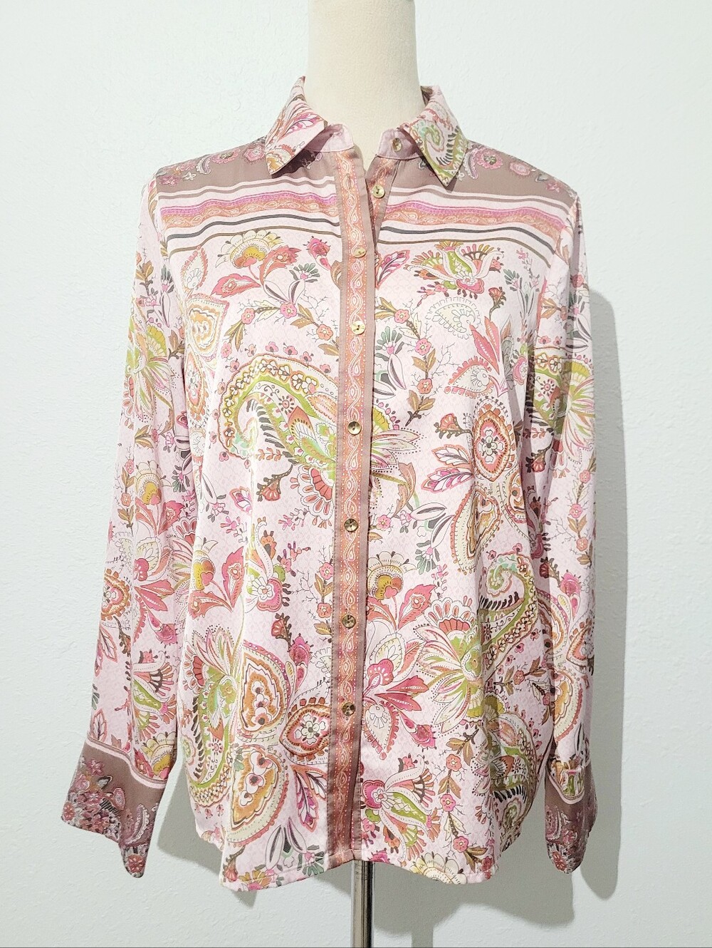Paisley Floral Button Front Blouse Womens Small Pink Boho Stretch Top Rachel Zoe - Picture 2 of 13